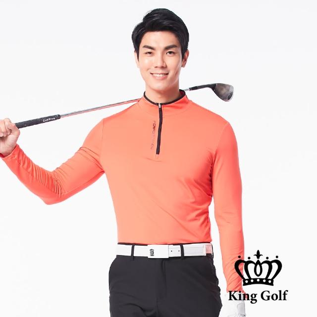 【KING GOLF】速達-拉鍊撞色印圖素面小立領拉鍊長袖POLO衫(橘紅)