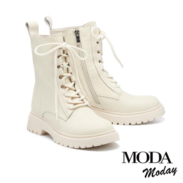 【MODA Moday】帥氣時髦感全真皮綁帶QQ厚底短靴(白)