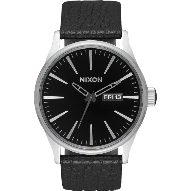 NIXON The Sentry Leather 簡約時尚軍風皮革腕錶/黑x銀框(A105-2788)