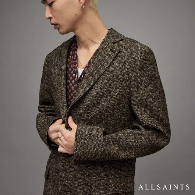 【ALLSAINTS】MILLIGAN 低調人字紋標準領中長版羊毛大衣(修身版型)