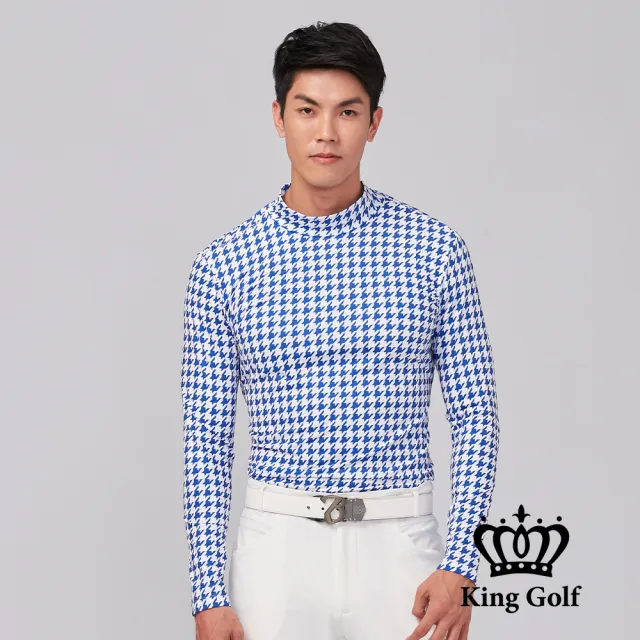 【KING GOLF】速達-肩上膠印中厚款格紋長袖內搭高領衫(藍色)