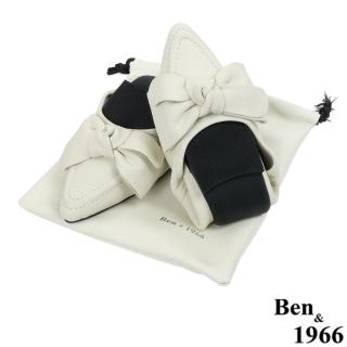 【Ben&1966】經典頭層牛皮氣質蝴蝶結摺疊鞋-米白2280022