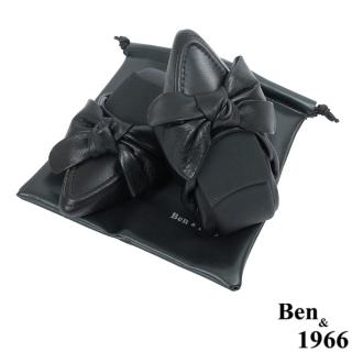 【Ben&1966】經典頭層牛皮氣質蝴蝶結摺疊鞋-黑2280021