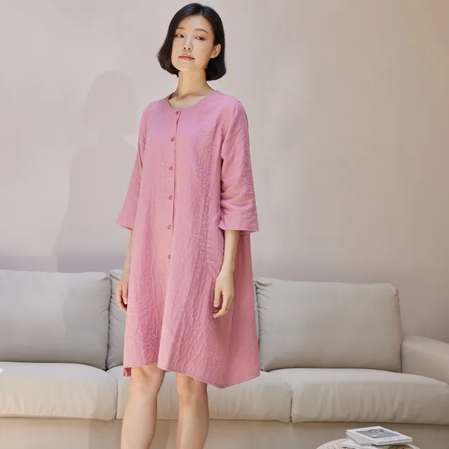 【YVONNE 以旺傢飾】雙層紗開襟七分袖洋裝(活力粉)