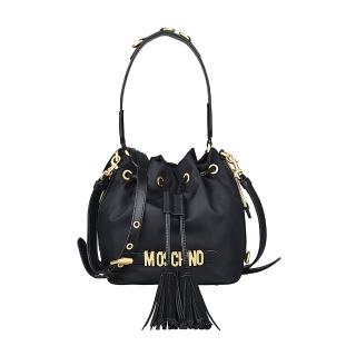 【MOSCHINO】MOSCHINO金字LOGO流蘇設計尼龍束口手提斜背水桶包(迷你/棕)
