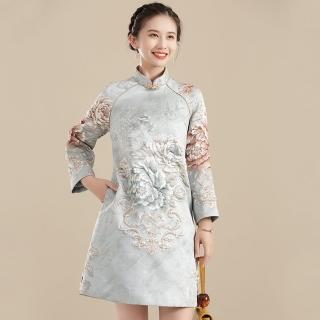 【巴黎精品】現貨+預購 新中式 唐裝連身裙改良旗袍(中國風牡丹緹花長袖寬鬆女裙子2色p1bj40)