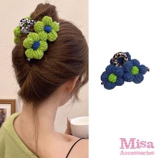 【MISA】花朵抓夾 黑白抓夾 格子抓夾/韓國設計可愛撞色毛線花朵黑白格子抓夾 馬尾夾(2色任選)