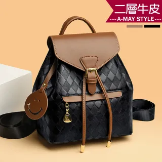 【Amay Style 艾美時尚】女包 真皮包 雙肩包 菱格拼接皮革笑臉吊飾後背包(2色.現貨+預購)