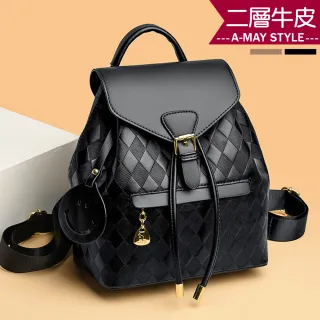 【Amay Style 艾美時尚】女包 真皮包 雙肩包 菱格拼接皮革笑臉吊飾後背包(2色.現貨+預購)