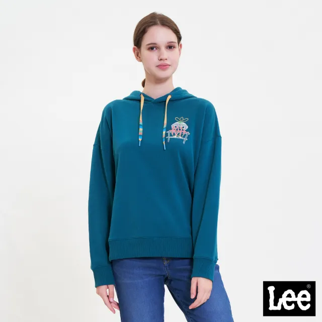 【Lee】女裝 長袖帽T / 多彩帽繩 系列刺繡 雲杉綠 Oversized版型 / 101+ 系列(LL220449728)