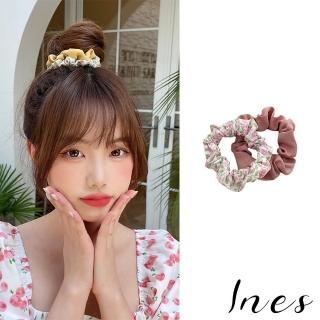 【INES】碎花髮圈 純色髮圈/韓國設計甜美碎花純色大腸圈 髮圈 髮繩2件組(6色任選)