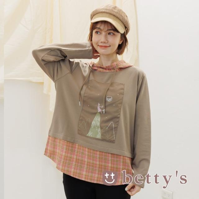 【betty’s 貝蒂思】格子布拼接印花連帽T-shirt(深卡其)