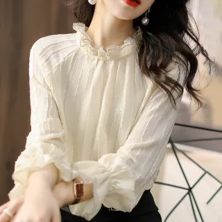 【初色】荷葉邊蕾絲氣質襯衫上衣女上衣-米白-64382(M-2XL可選)