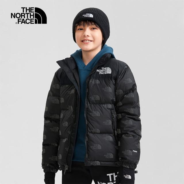 【The North Face 官方旗艦】經典ICON-北面兒童黑色DWR防潑水滿版印花羽絨外套｜7WQM97M