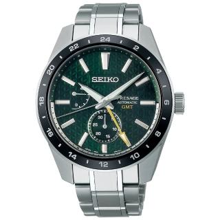 【SEIKO 精工】PRESAGE GMT新銳麻葉家紋機械錶-綠x銀/42.2mm 雙12限定(SPB219J1/6R64-00C0G)