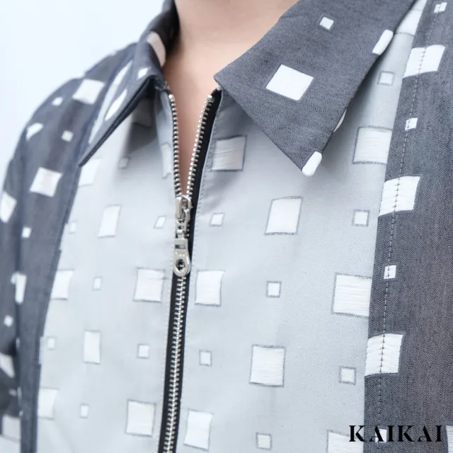 【KAI KAI】隙線格拉鍊短袖襯衫(男款/女款 拉鍊襯衫 拼接設計 牛仔洞格縫線)