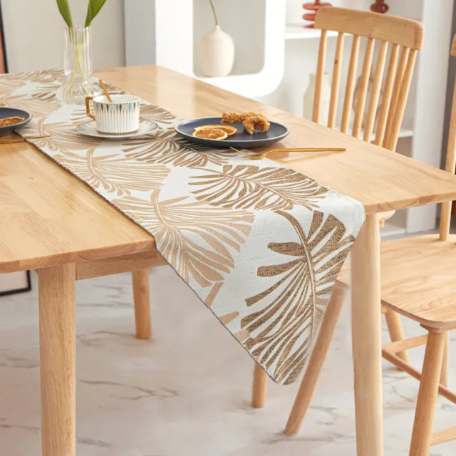 【BonBon naturel】時尚簡約棉麻雙面刺繡桌旗 裝飾桌布-棕櫚葉 33x160cm(多色任意挑選)