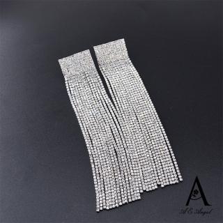 【ANGEL】瀑布流蘇滿鑽晚宴華麗長耳環(銀色)
