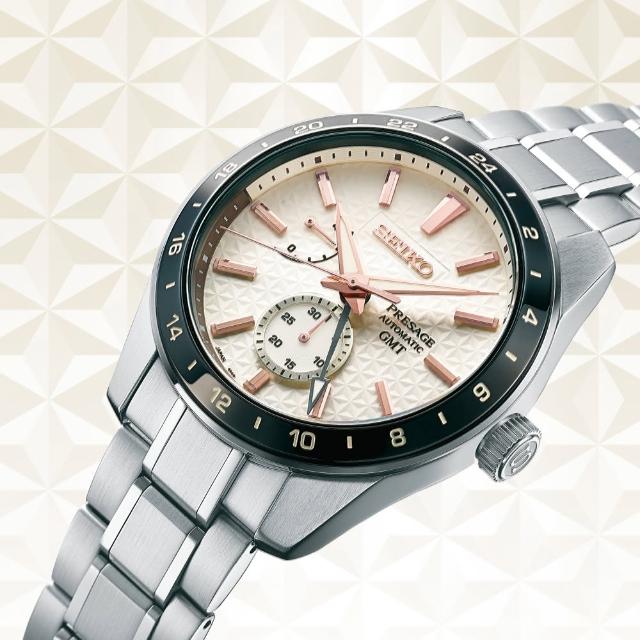 【SEIKO 精工】PRESAGE GMT新銳麻葉家紋機械錶-米x銀/42.2mm 雙12限定(SPB273J1/6R64-00G0S)