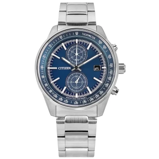 【CITIZEN 星辰】光動能 計時碼錶 日期 防水100米 日本製造 不鏽鋼手錶 藍色 41mm(CA7030-97L)