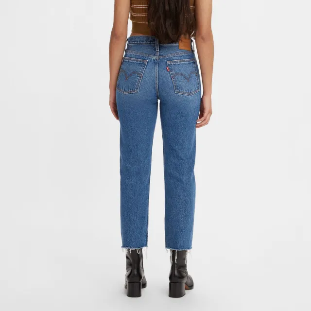 【LEVIS】女 Wedgie高腰修身直筒排釦牛仔褲/磨損開口破壞/不收邊褲管 及踝款 熱賣單品 34964-0160