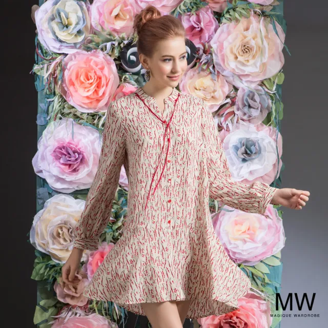 【MAGIQUE WARDROBE】前短後長印花洋裝(米紅印花)