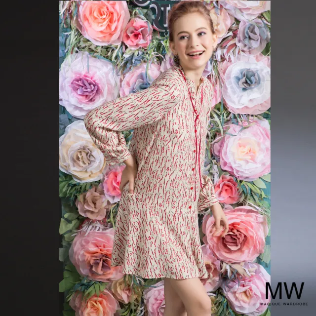 【MAGIQUE WARDROBE】前短後長印花洋裝(米紅印花)