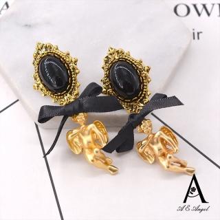 【ANGEL】活力邱位元復古蛋型寶石緞帶手工耳環(金色)