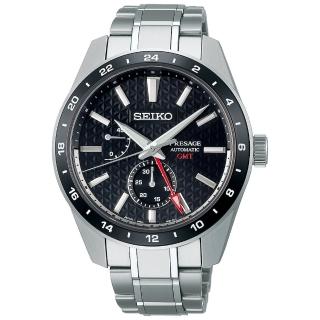 【SEIKO 精工】PRESAGE GMT新銳麻葉家紋機械錶-黑x銀/42.2mm 雙12限定(SPB221J1/6R64-00C0D)