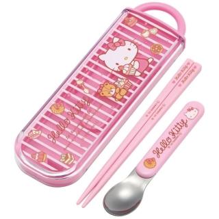 【小禮堂】HELLO KITTY 滑蓋兩件式餐具組 Ag+ - 粉條紋款(平輸品) 凱蒂貓