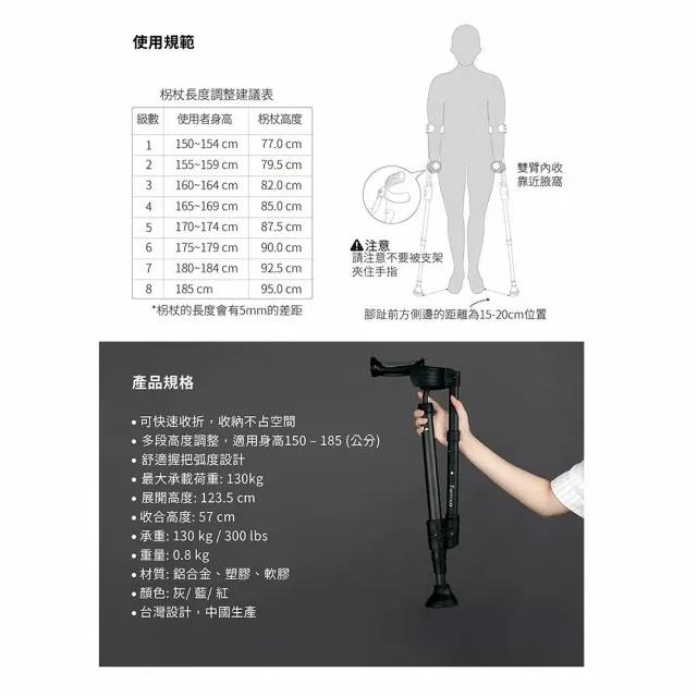 【海夫健康生活館】活立醫療用柺杖 未滅菌 FAMICA 多段高度調整 快收型肘柺杖 紅色把手(AH05-6)