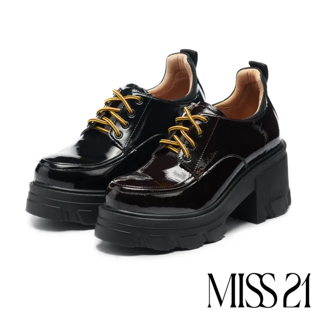【MISS 21】荒野帥氣個性光澤漆皮綁帶大頭厚底鞋(黑)