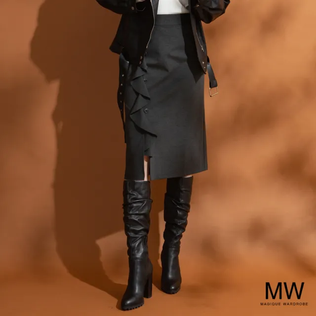 【MAGIQUE WARDROBE】後鬆緊荷葉滾邊釦飾中長裙(2色)