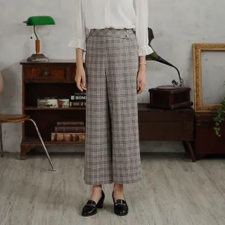 【CUMAR】大格紋長版寬口-女長褲 格紋 黑 灰(二色/版型適中)