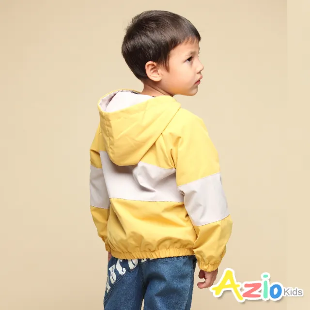 【Azio Kids 美國派】男童 外套 接片配色搖粒絨內裡連帽防風長袖外套(黃)