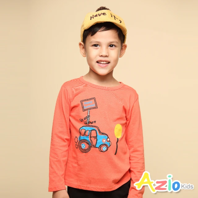 【Azio Kids 美國派】男童 上衣 汽車路標印花純色長袖上衣T恤(桔)