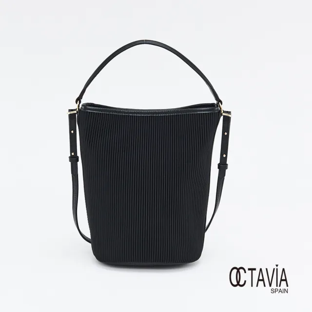 【OCTAVIA 8】水桶包百摺布配皮手提肩背斜背三用包(皺摺黑 水桶包 皺摺布)