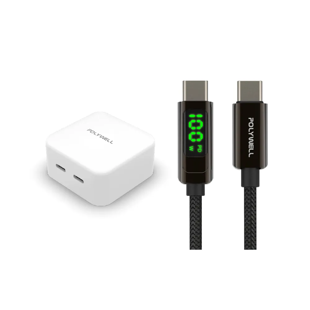 【POLYWELL】35W雙C孔快充頭+USB-C數顯線1M(數顯Type-C快充組)