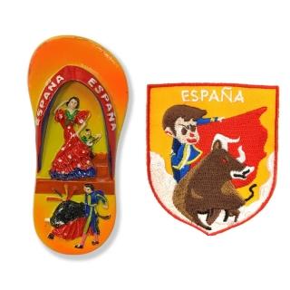 【A-ONE 匯旺】西班牙鬥牛弗朗明歌拖鞋立體磁鐵+西班牙 鬥牛士 ESPANA熨斗刺繡2件組 造(C158+310)