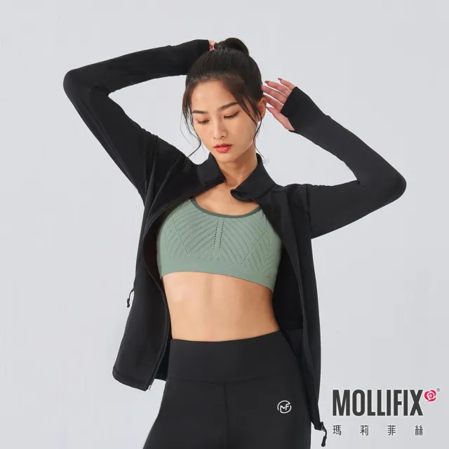 【Mollifix 瑪莉菲絲】鍺離子中層訓練外套、瑜珈服、瑜珈上衣、運動外套(黑)