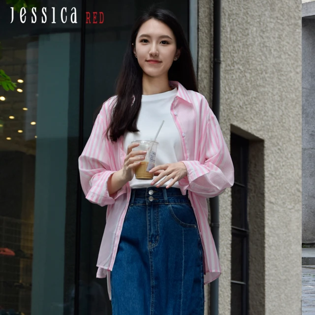 【Jessica Red】清新亮麗條紋輕薄寬鬆襯衫824136（粉）