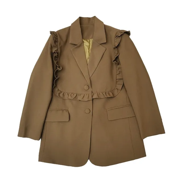【米蘭精品】現貨+預購 西裝外套休閒西服(秋季韓版木耳邊拼接女外套2色74dd1)