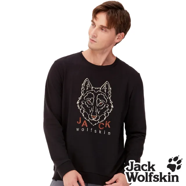 【Jack wolfskin 飛狼】男 長袖保暖排汗衣 帥氣刺繡狼頭T恤 大學T(黑)