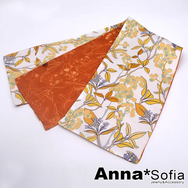 【AnnaSofia】仿絲領巾絲巾圍巾-茉莉沁馨緞面 現貨(黃磚橘系)