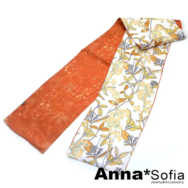 【AnnaSofia】仿絲領巾絲巾圍巾-茉莉沁馨緞面 現貨(黃磚橘系)