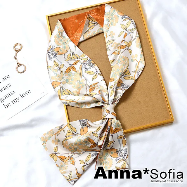 【AnnaSofia】仿絲領巾絲巾圍巾-茉莉沁馨緞面 現貨(黃磚橘系)