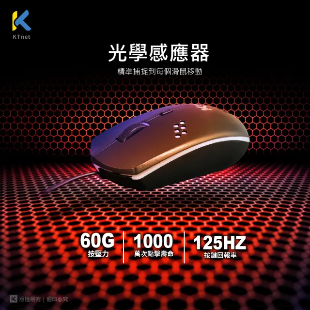 【KTNET】M7 LED閃漾蜂巢光學鼠 USB介面(七彩LED燈/輕電競/人體工學/四鍵式設計/三段式DPI)