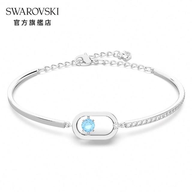 【SWAROVSKI 官方直營】Una 手鏈 圓形切割橢圓形 藍色 鍍白金色(跳動的心)