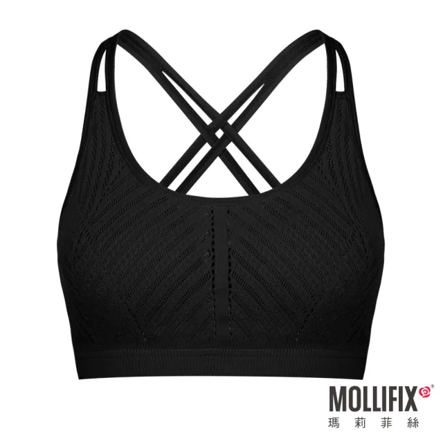 【Mollifix 瑪莉菲絲】A++活力自在後交叉舒適BRA、瑜珈服、無鋼圈、運動內衣(黑)