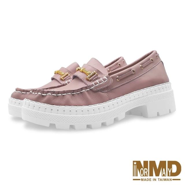 【Normady 諾曼地】女鞋 +6cm 休閒鞋 MIT台灣 製 真皮鞋 宮廷金屬鍊磁石厚底內增高氣墊球囊跟鞋(藕粉紫)